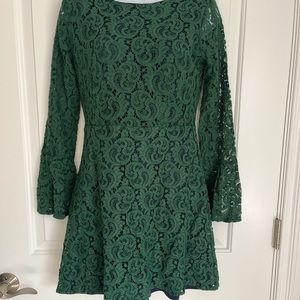 Green Lace Overlay Bell Sleeve Mini Dress